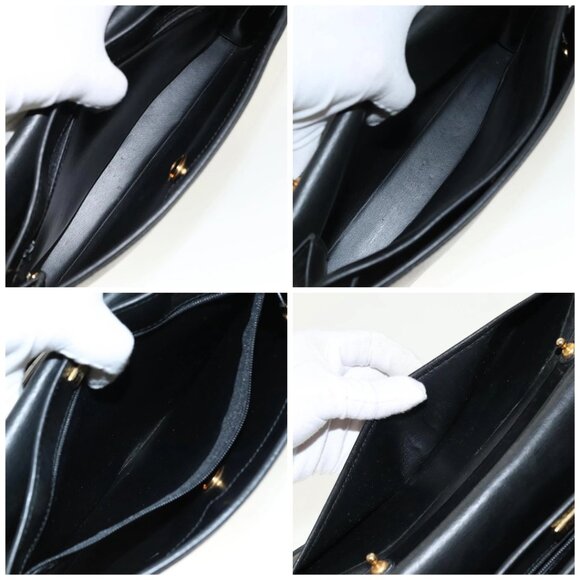 Christian Dior Hand Bag Leather Black Gold Auth 95744